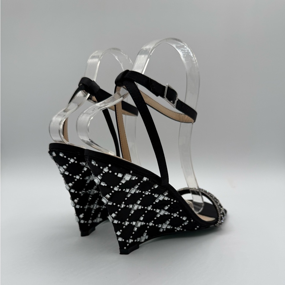 Betsey Johnson Talya Elegant Black Rhinestone Wedge Sandals Sparkly Ankle Strap - Picture 16 of 17